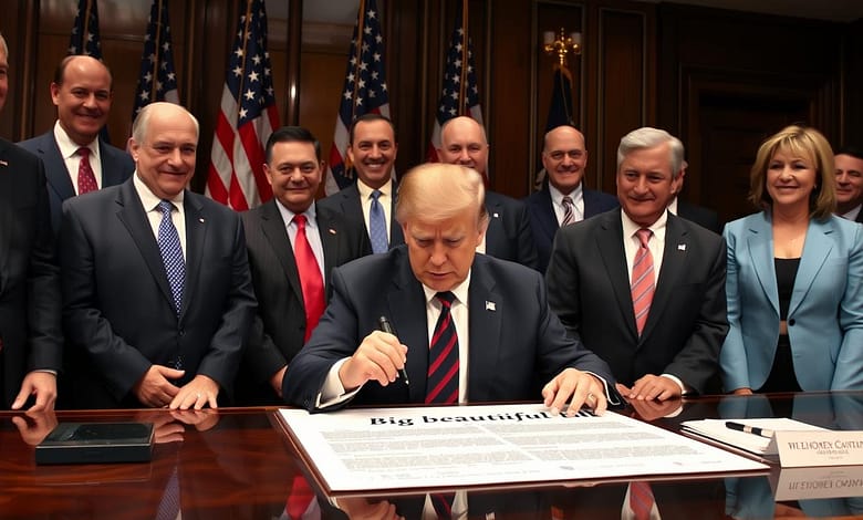 PresidentTrumpsigningtheBigBeautifulBillwithRepublicanlawmakerssurroundinghim MindViewMagazinecom President Trump signing the Big Beautiful Bill with Republican lawmakers surrounding him